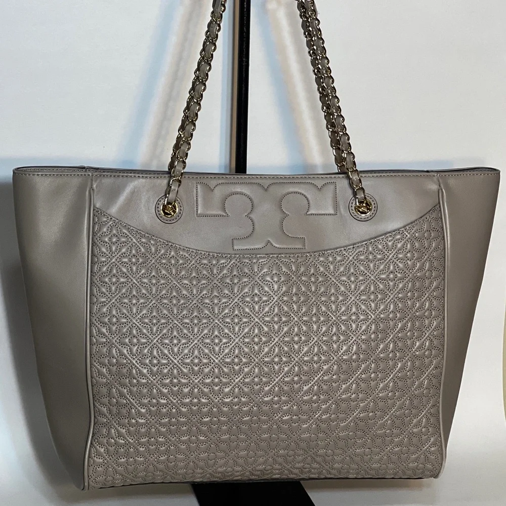 Tory Burch Gray Quilted Leather Tote